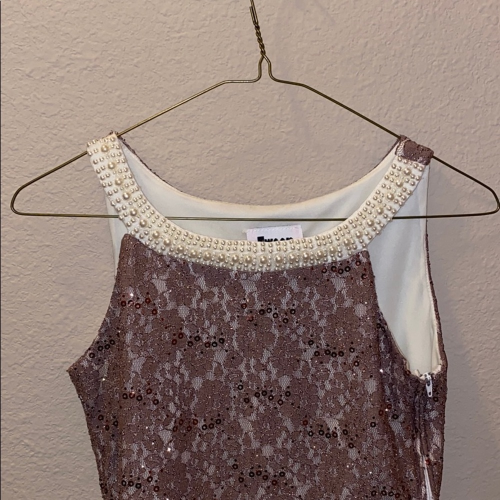 glitter and white formal dress